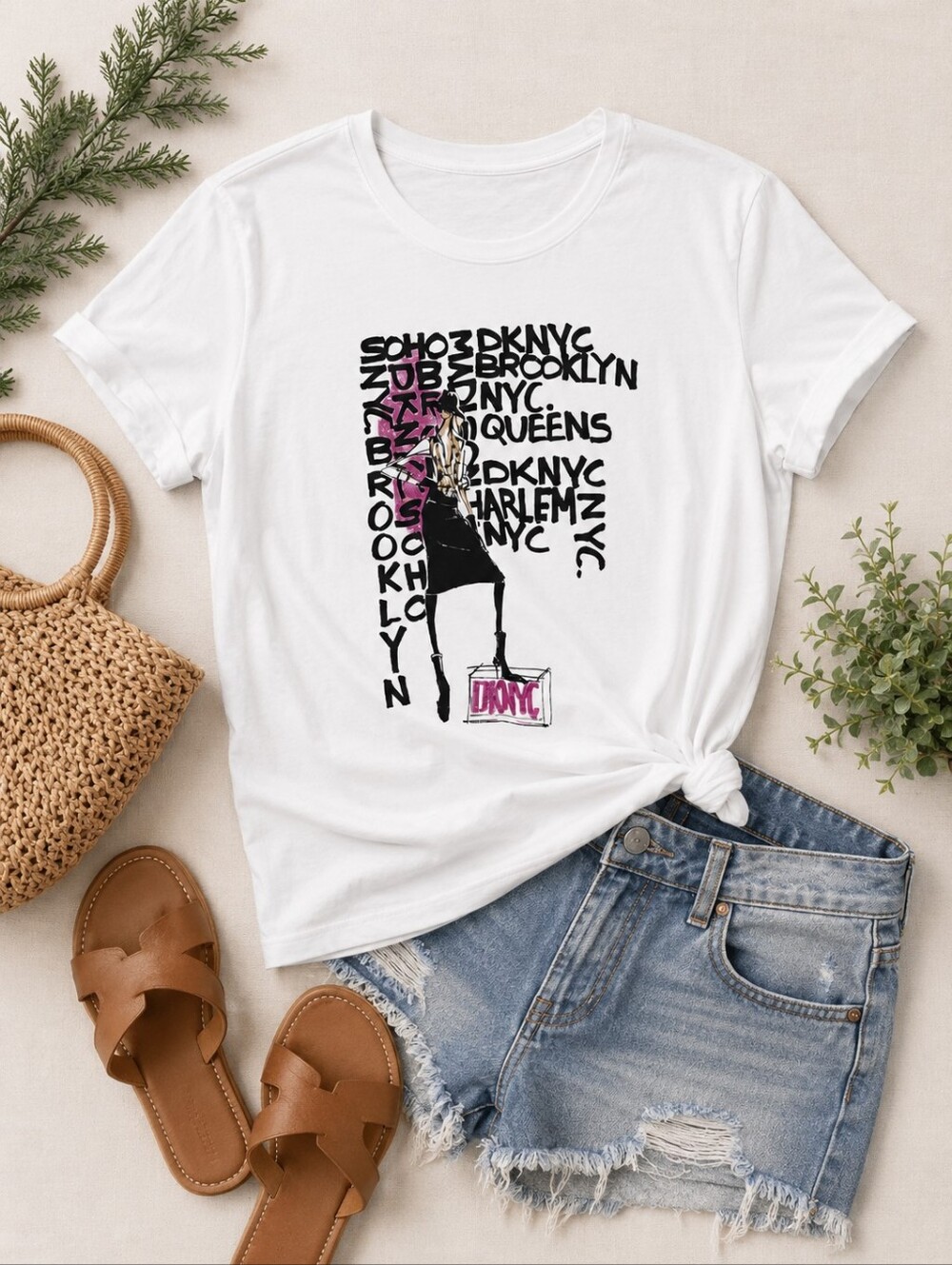 DKNYC White Short Sleeve Tee with Fashion Graphic and Pink Accents